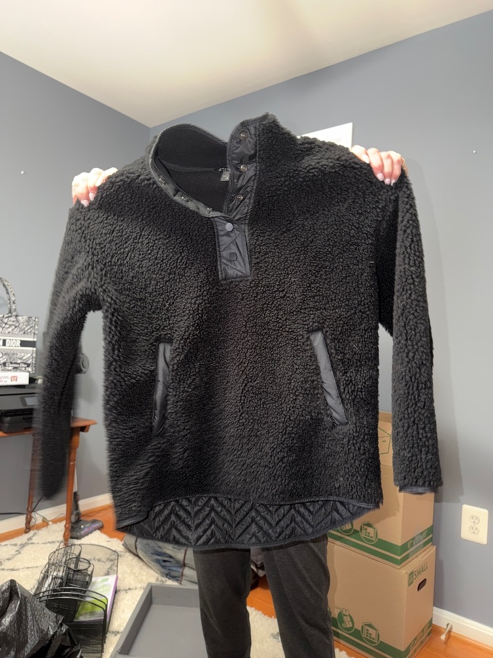 Athleta Black Sherpa Snap-Placket Crewneck Pullover
